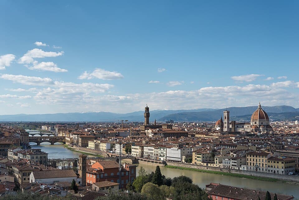 Florence cathedral dome, rooftops and the River Arno seen from Piazzale Michelangelo