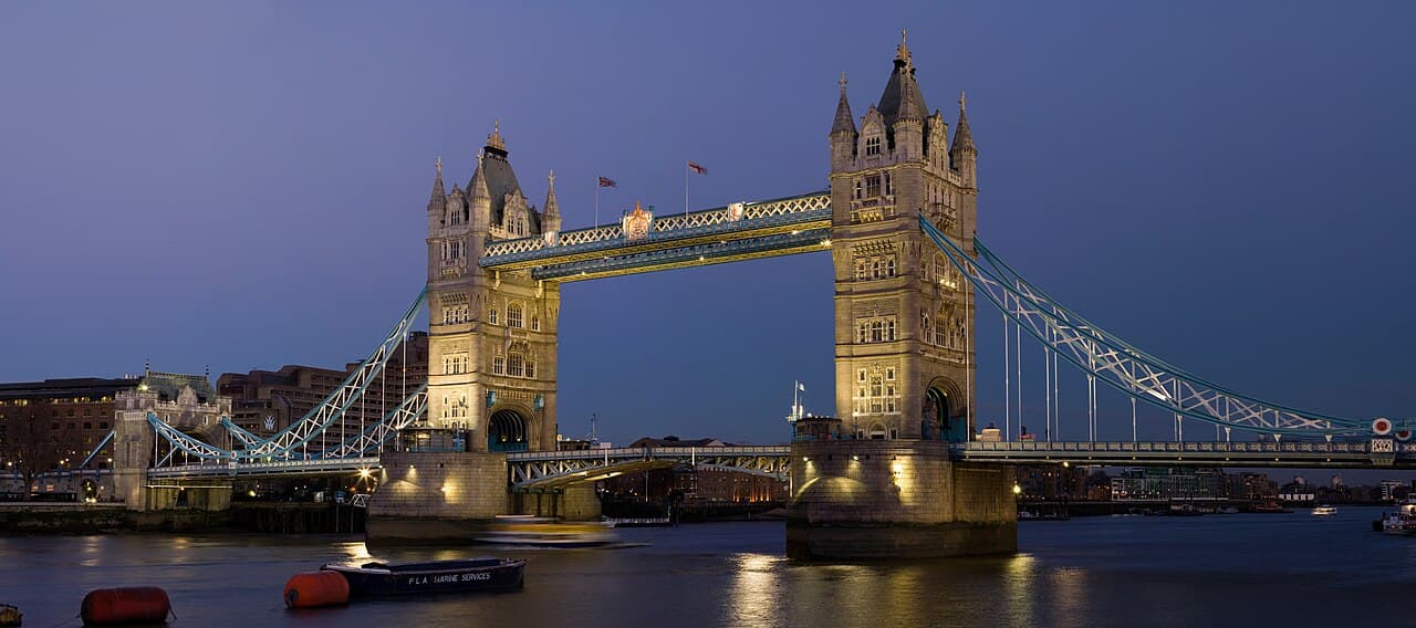 Tower Bridge spanning the River Thames in London at dusk
