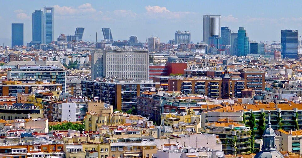 Madrid rooftops and modern towers seen from the Edificio España rooftop