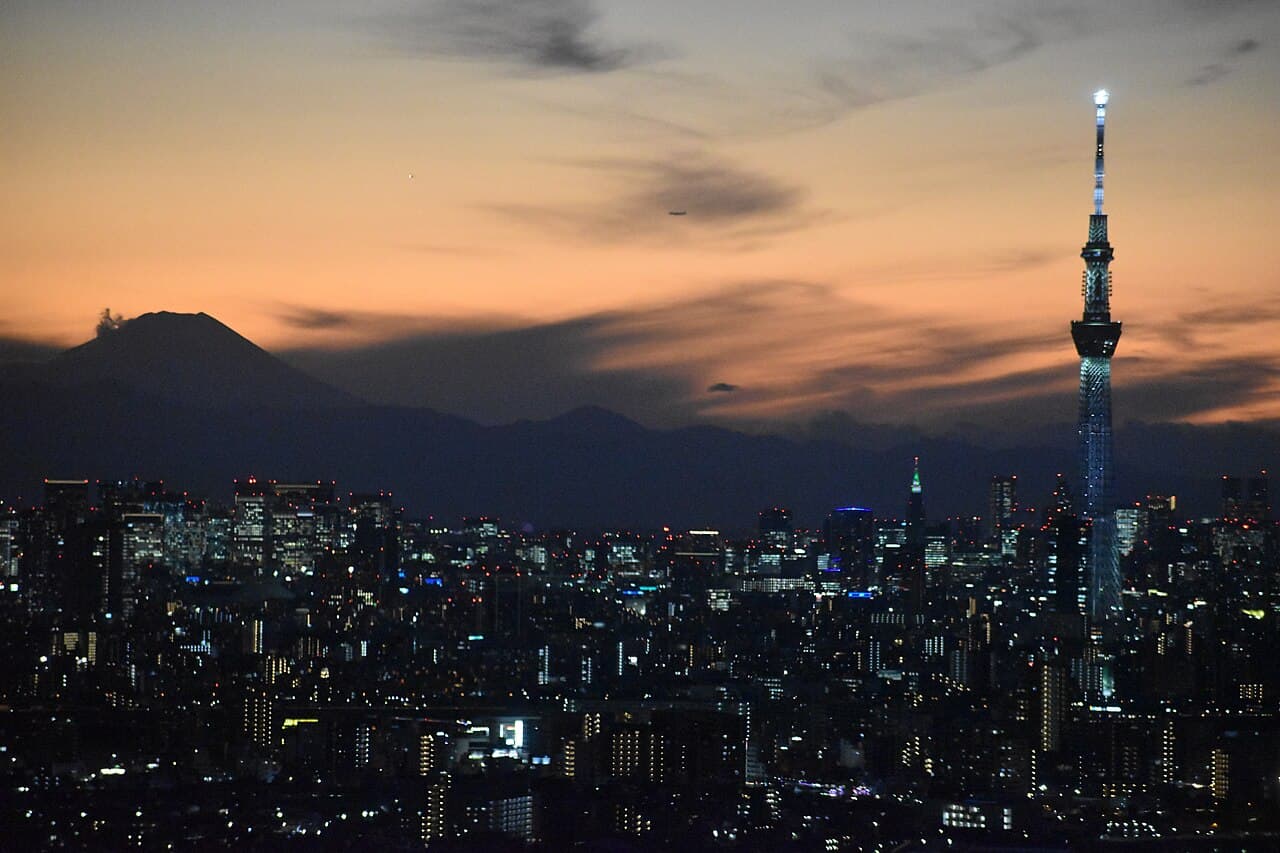Tokyo skyline with Tokyo Skytree and Mount Fuji at sunset