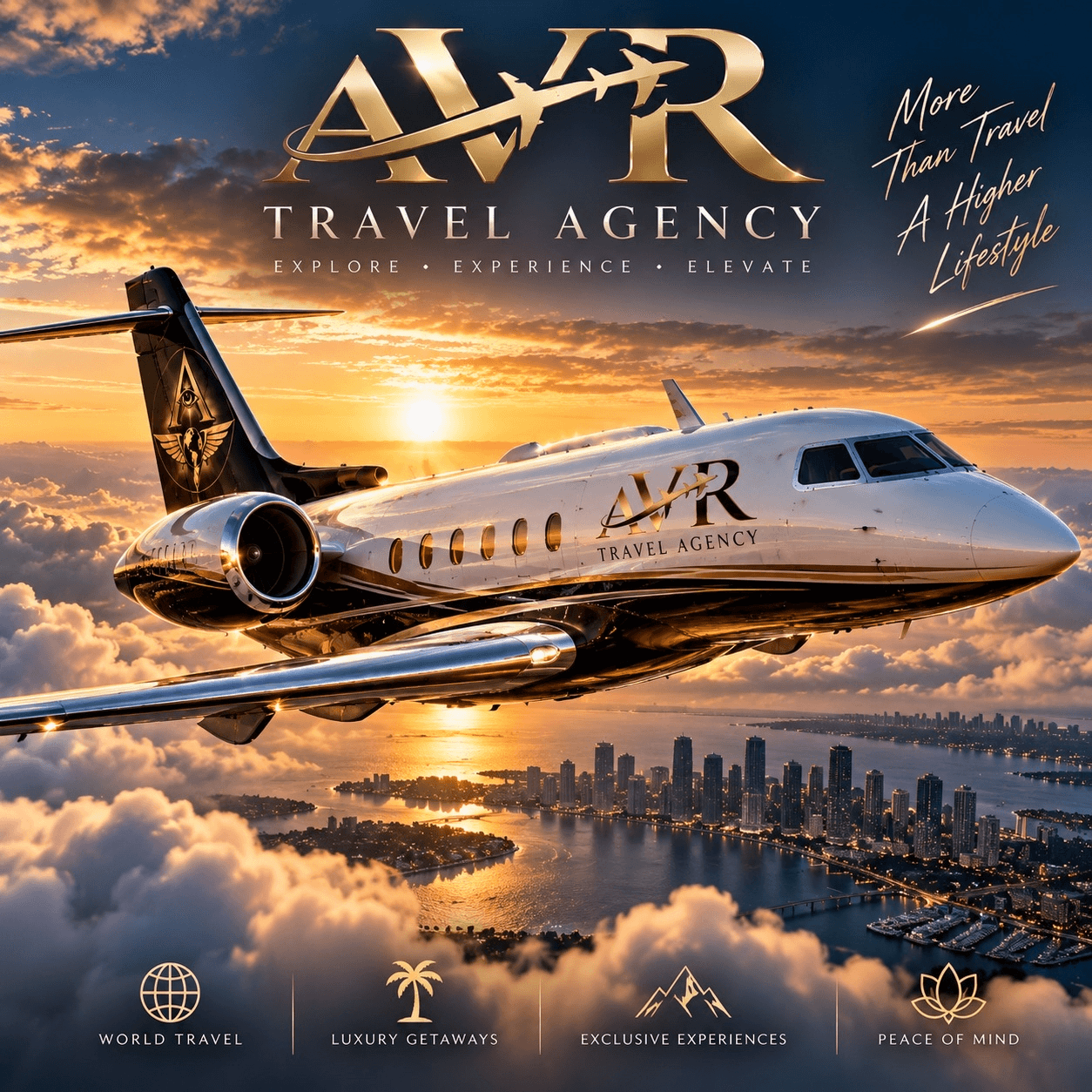 AVR Travel Agency branded jet artwork: explore, experience, elevate